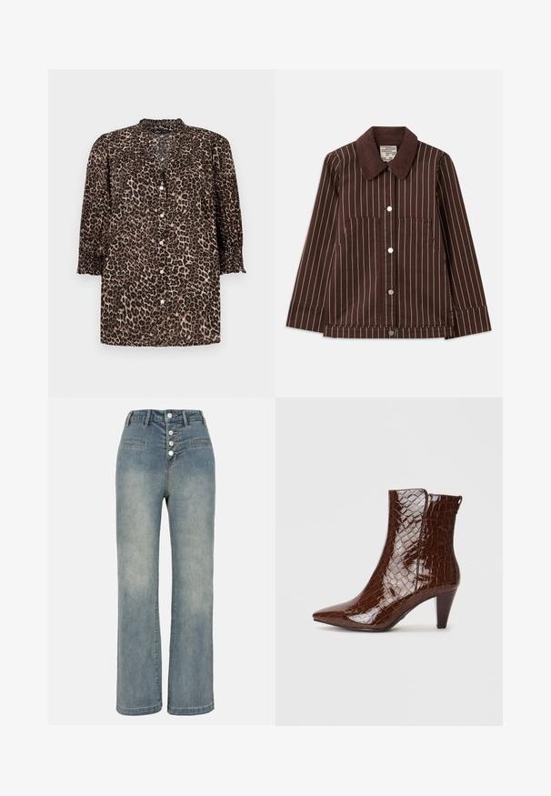 Brown corduroy jacket with white vertical stripes, pointed collar, front buttons, and two patch pockets.; Leopard print shirt in brown and black tones, featuring a button-up front, ¾ sleeves with gathered details, and a round neckline.; Light blue denim wide-leg jeans with a high waist, five-button closure, and two front pockets. Smooth texture with subtle fading.; Brown faux crocodile leather ankle boot with a pointed toe and a tapered heel. Features a glossy texture and side zipper detail.