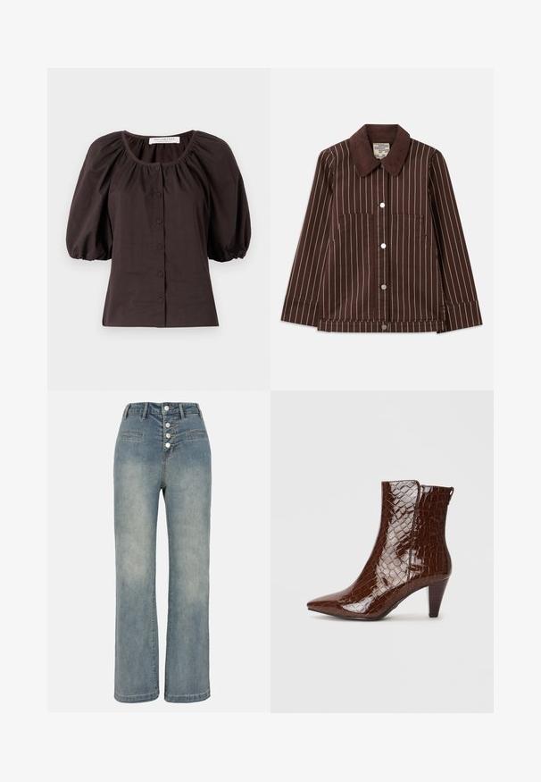 Casaco de corduroy castanho com riscas verticais brancas, colarinho pontiagudo, botões frontais e dois bolsos de chapa.; Blusa de mangas bufantes castanho-escuro com decote redondo e seis botões na parte da frente. Feita de um tecido leve com um acabamento texturizado.; Jeans de ganga de perna larga em azul claro com uma cintura alta, fecho de cinco botões e dois bolsos frontais. Textura suave com desvanecimento subtil.; Botim castanho de pele de crocodilo sintética, com bico fino e salto afunilado. Apresenta uma textura brilhante e detalhe de fecho lateral.