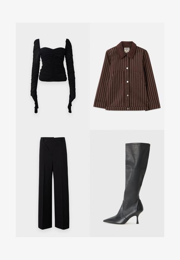 Ruskea corduroy-takki, jossa on valkoiset pystysuorat raidat, terävä kaulus, edessä napit ja kaksi läpällistä taskua.; Musta pitkähiha-paita, jossa on ryppyinen pinta, olkapäiltä paljastava malli ja vartalonmyötäinen siluetti. Materiaali näyttää joustavalta ja sileältä.; Mustat leveälahkeiset housut, joissa on tasainen etuosa, nappikiinnitys ja sileä kangasneste. Ominaisuuksiin kuuluu suora leikkaus ja siistit linjat.; Polvisuuriset mustat nahkasaappaat, joissa on terävä kärki ja hoikka stiletto-korko. Silkkinen pinta, tiukka muotoilu ja ompeleet yläreunassa.