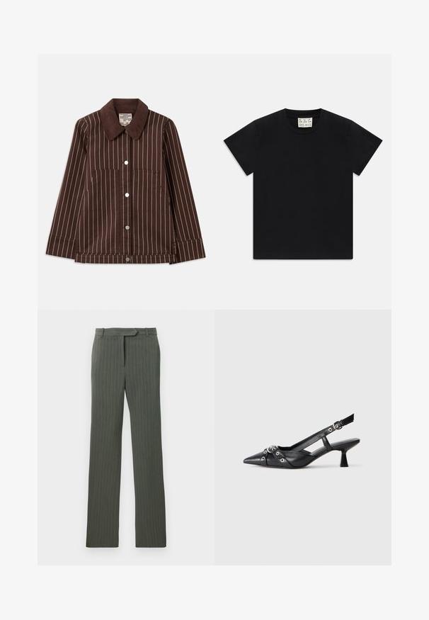 Brun kordflorsjacka med vita vertikala ränder, spetsig krage, framknappar och två fickor med lappar.; Svart t-shirt med kort ärm och rund halsringning, med en vit etikett i kragen som säger "D.R.C. EST. 2002", på vit bakgrund.; Mörkgrå skräddarsydda byxor med ränder, med bältesöglor och rak passform, liggande plant på en vit bakgrund.; Svart lädersko med slingback-design, spetsig tå, dekorativa remmar med metallöglor och en låg klack. Texturerad yta.