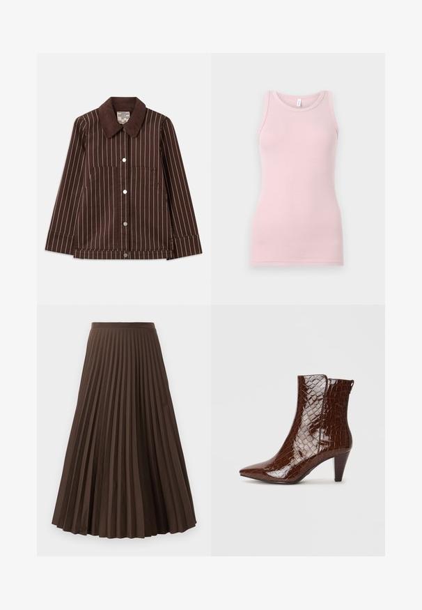 Rjava kordna jakna z belimi navpičnimi črtami, s koničastim ovratnikom, sprednjimi gumbi in dvema zakrpana žepoma.; Svetlo roza majica na naramnice, izdelana iz mehkega, raztegljivega materiala. Ima okroglo ovratnico in ozke naramnice, z gladko teksturo in prilegajočo se obliko.; Rjava midi dolžine plisirana krila s prilegajočim pasom in enakomerno razporejenimi navpičnimi pregibi, prikazana na beli podlagi.; Rjav umetni krokodilni usnjen gležnjar s koničastim nosom in ozkim petnim delom. Opremljen je z sijajno teksturo in stransko zadrgo.