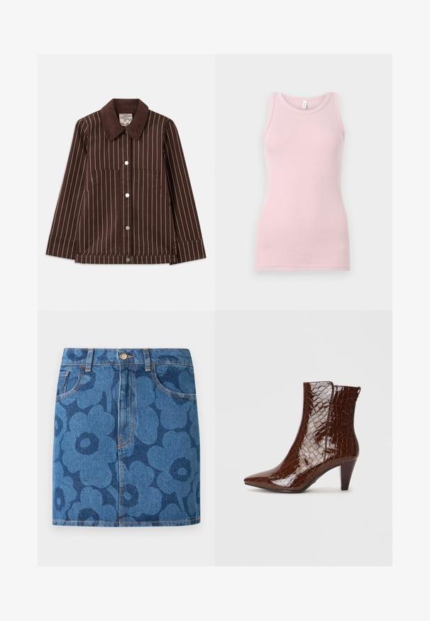 Casaco de corduroy castanho com riscas verticais brancas, colarinho pontiagudo, botões frontais e dois bolsos de chapa.; Top de alças rosa claro feito de um tecido macio e elástico. Apresenta um decote redondo e alças finas, com uma textura suave e um corte justo.; Minissaia de ganga com padrão floral azul escuro, bolsos frontais, passantes para cinto e fecho de botão na cintura.; Botim castanho de pele de crocodilo sintética, com bico fino e salto afunilado. Apresenta uma textura brilhante e detalhe de fecho lateral.