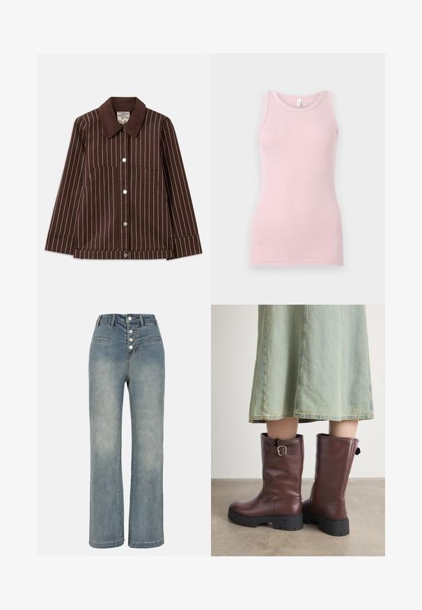 Rudas korduroy švarkas su baltais vertikaliais dryžiais, smailiu apkakle, priekiniais mygtukais ir dviem kišenėmis.; Šviesiai rožinė liemenėlė, pagaminta iš švelnaus, tampraus audinio. Turi apvalią iškirptę ir siaurus petnešėles, su lygiu paviršiumi ir prigludusia forma.; Šviesiai mėlyni džinsai plačiomis kojomis su aukštu liemeniu, penkių mygtukų uždarymu ir dviem priekinėmis kišenėmis. Lygi tekstūra su subtiliu išblukimu.; Rudos odinės iki kelių ilgio botai su tekstūruotu paviršiumi, turintys šoninę sagtį ir masyvius juodus guminis padu.