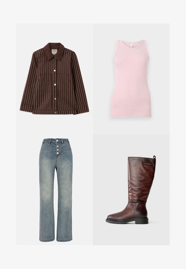 Brūna korduroja jaka ar baltajiem vertikālajiem svītrām, izgrieztu apkakli, priekšējiem pogām un divām kabatām.; Gaiši rozā bezpiedurkņu tops, kas izgatavots no mīkstas, elastīgas auduma. Tam ir apaļa kakla izgriezuma forma un šauras plecu lences, ar gludu tekstūru un pieguļošu siluetu.; Gaiši zili džinsi ar plašu kāju griezumu un augstu jostasvietu, ar piecu pogu aizdari un divām priekšējām kabatām. Gluda tekstūra ar nelielu izbalēšanu.; Brūnas ādas zābaki līdz ceļiem ar nedaudz nolaistu dizainu, apaļu purngalu un biezu, teksturētu melnu gumijas zoli. Iekļauta logo uzlīme.