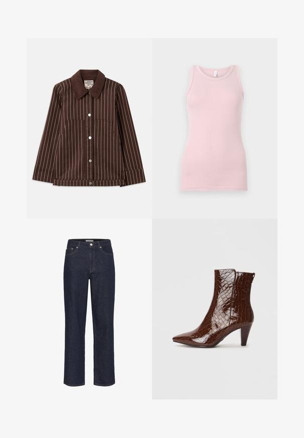Hnědá manšestrová bunda s bílými vertikálními pruhy, špičatým límcem, předními knoflíky a dvěma náprsními kapsami.; Světlé růžové tílko vyrobené z měkké, elastické látky. Má kulatý výstřih a úzká ramínka, s hladkou strukturou a přiléhavým střihem.; Gestuz SUMMER WIDE - Wide leg - unwashed denim; Hnědé kotníkové boty z umělé kůže se špičatou špičkou, krokodýlím vzorem a 5 cm stohovaným podpatkem. Boční zapínání bez viditelného kovového vybavení.
