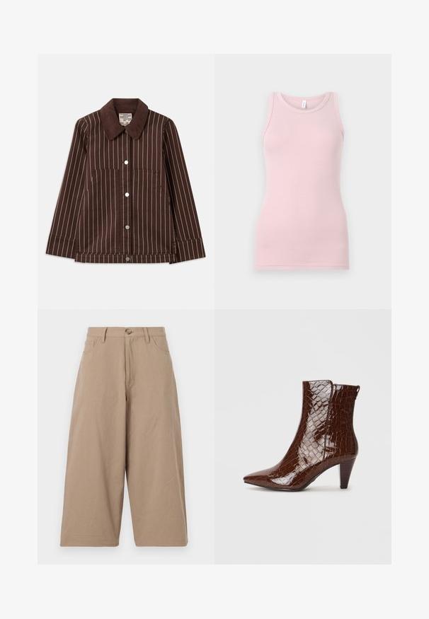 Bruine corduroyjas met witte verticale strepen, een puntige kraag, knopen aan de voorkant en twee opgestikte zakken.; Lichtroze tanktop gemaakt van zachte, rekbare stof. Heeft een ronde halslijn en smalle schouderbandjes, met een gladde textuur en een aansluitende pasvorm.; Kaki wijde broek van katoen, met een hoge taille, voorzakken en een enkele knoopsluiting. Soepele textuur en rechte snit.; Bruine nepleer enkellaars met krokodillenlook, met een puntige neus en een taps toelopende hak. Heeft een glanzende textuur en een rits aan de zijkant.