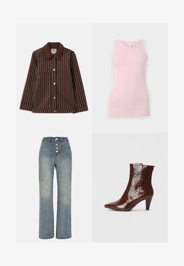 Chaqueta de pana marrón con rayas verticales blancas, cuello puntiagudo, botones delanteros y dos bolsillos de parche.; Top sin mangas de color rosa claro, hecho de una tela suave y elástica. Presenta un escote redondo y tirantes estrechos, con una textura suave y una forma ajustada.; Jeans de mezclilla anchos de color azul claro con cintura alta, cierre de cinco botones y dos bolsillos frontales. Textura suave con un ligero desvanecimiento.; Botín de tobillo de cuero sintético marrón con diseño de cocodrilo, punta afilada y tacón cónico. Presenta una textura brillante y detalle de cremallera lateral.