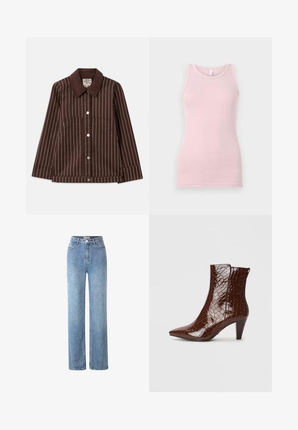 Smeđa kordura jakna s bijelim vertikalnim prugama, šiljastim ovratnikom, prednjim gumbima i dva zakrpljena džepa.; Svijetloružičasti majica bez rukava napravljena od mekog, rastezljivog materijala. Ima okrugli izrez i uske naramenice, s glatkom teksturom i prilagođenim oblikom.; Svijetloplavi traperice visoki struk, izrađene od denima, sa ravnim nogavicama, pet džepova i metalnim kopčanjem.; Smešani smeđi umjetni krokodilski kožni čizmi s izduženim vrhom i suženim potpeticama. Ima sjajnu teksturu i detalj bočnog zatvarača.