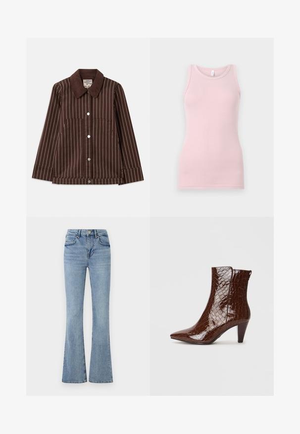 Jachetă din catifea maro cu dungi verticale albe, guler ascuțit, butoane pe față și două buzunare tip fână.; Top cu bretele subțiri, de culoare roz deschis, realizat dintr-un material moale și elastic. Dispune de un decolteu rotund și bretele înguste, având o textură fină și o formă ajustată.; Jeans din denim de un albastru deschis, cu talie înaltă, cu buton și fermoar în față, cinci buzunare și picioare ușor evazate.; Cizme ankle din piele ecologică maro cu aspect de crocodil, cu vârf ascuțit și toc conic. Prezintă o textură lucioasă și un detaliu cu fermoar lateral.
