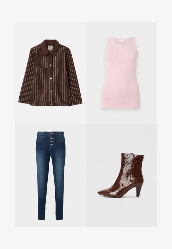 Rudas korduroy švarkas su baltais vertikaliais dryžiais, smailiu apkakle, priekiniais mygtukais ir dviem kišenėmis.; Šviesiai rožinė liemenėlė, pagaminta iš švelnaus, tampraus audinio. Turi apvalią iškirptę ir siaurus petnešėles, su lygiu paviršiumi ir prigludusia forma.; Tamsiai mėlynos džinsinės kelnės su aukštu liemeniu, penkių mygtukų užsegimu ir dviem priekiniais kišenėmis. Lygi tekstūra su kontrastingais siuvimo akcentais.; Rudi dirbtinės odos čiurnos ilgi batai su smailiu noseliu, krokodilo tekstūra ir 5 cm aukščio paaukštintu kulnu. Šoninis užsegimas be matomų detalių.