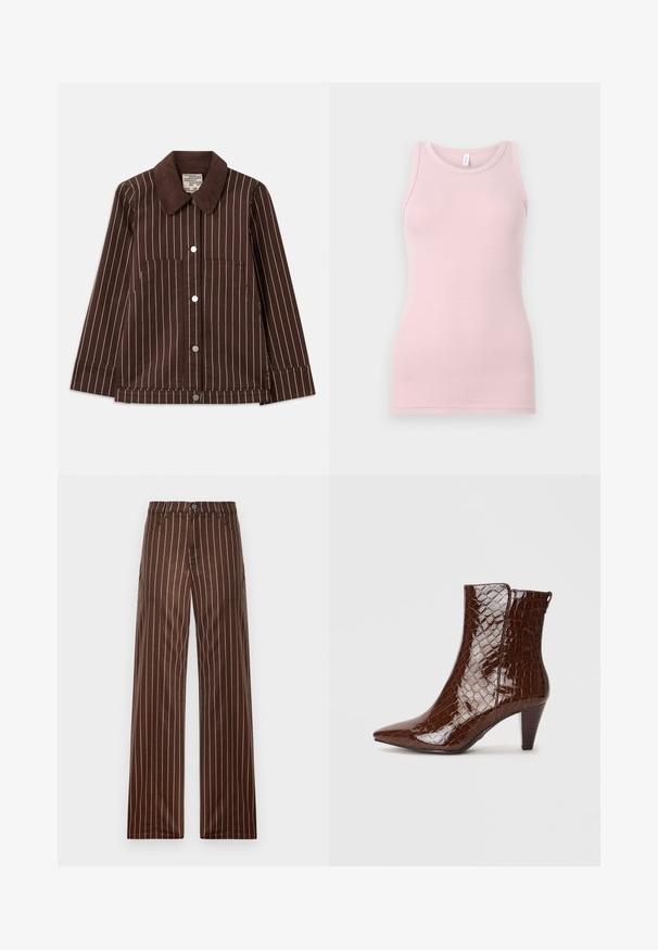 Casaco de corduroy castanho com riscas verticais brancas, colarinho pontiagudo, botões frontais e dois bolsos de chapa.; Top de alças rosa claro feito de um tecido macio e elástico. Apresenta um decote redondo e alças finas, com uma textura suave e um corte justo.; Calças largas com riscas castanhas feitas de um tecido suave, apresentando um fecho de botão, dois bolsos frontais e riscas verticais em creme.; Botim castanho de pele de crocodilo sintética, com bico fino e salto afunilado. Apresenta uma textura brilhante e detalhe de fecho lateral.