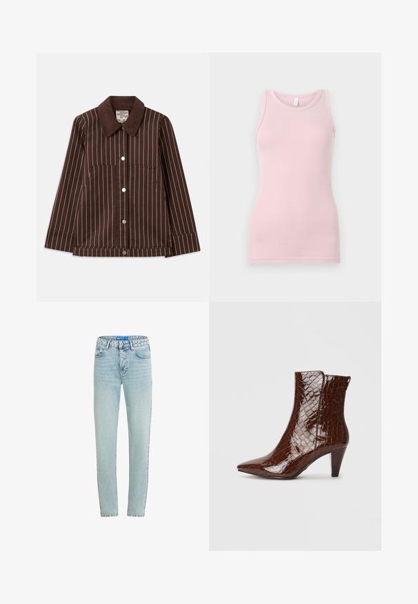 Smeđa kordura jakna s bijelim vertikalnim prugama, šiljastim ovratnikom, prednjim gumbima i dva zakrpljena džepa.; Svijetloružičasti majica bez rukava napravljena od mekog, rastezljivog materijala. Ima okrugli izrez i uske naramenice, s glatkom teksturom i prilagođenim oblikom.; Svijetloplave traperice ravnog kroja, s pet džepova i dugmetom za zatvaranje. Imaju izbjeljena područja i pojačane šavove.; Smešani smeđi umjetni krokodilski kožni čizmi s izduženim vrhom i suženim potpeticama. Ima sjajnu teksturu i detalj bočnog zatvarača.