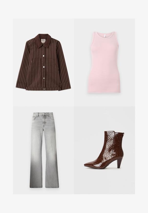 Brown corduroy jacket with white vertical stripes, pointed collar, front buttons, and two patch pockets.; Light pink tank top made of soft, stretchy fabric. Features a round neckline and narrow shoulder straps, with a smooth texture and fitted shape.; Gray denim wide-leg jeans featuring a high waist, faded texture, five pockets, and a zip fly with button closure.; Brown faux crocodile leather ankle boot with a pointed toe and a tapered heel. Features a glossy texture and side zipper detail.