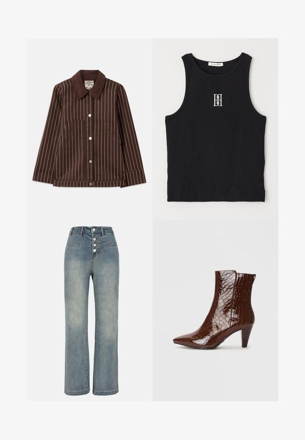 Pruunist kinkkangast jakk valgete vertikaalsete triipudega, terava kraega, esikinnitustega ja kahe suure taskuga.; Must räbal top, millel on ümmargune kaelus ja valge tikitud logo. Kangas on siledast tekstuurist ja keha lähedane lõige.; Heledad sinine teksarihm, laiade jalgade ja kõrge vöökoht, viis nööpide sulgemist ning kaks eesmist taskut. Sile tekstuur ning kerge kulumise efekt.; Pruun faux krokodillinahast pahklu بوت, millel on terav nina ja kitsenev kont. Omab läikivat tekstuuri ja küljepeatuse detaili.