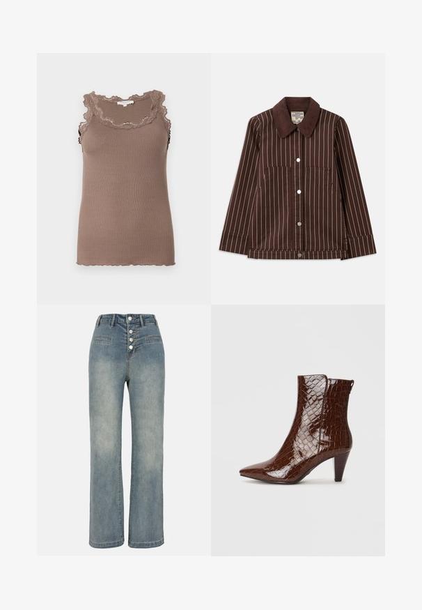 Brun kordflorsjacka med vita vertikala ränder, spetsig krage, framknappar och två fickor med lappar.; Brun ribbad linne med en vågig spetsdetalj längs halsringningen och ärmhålen, med en figurnära design och mjuk textur.; Ljust blå denim jeans med vid ben, hög midja, femknappsstängning och två framfickor. Slät textur med subtil blekning.; Bruna faux krokodilskinn ankelstövlar med spetsig tå och avsmalnande klack. Har en glänsande yta och detalj med siddragkedja.