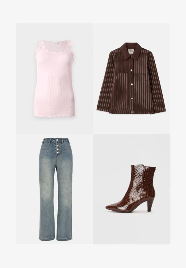 Brown corduroy jacket with white vertical stripes, pointed collar, front buttons, and two patch pockets.; Pink ribbed tank top with scalloped lace trim along the neckline and armholes, featuring a fitted design and soft texture.; Light blue denim wide-leg jeans with a high waist, five-button closure, and two front pockets. Smooth texture with subtle fading.; Brown faux crocodile leather ankle boot with a pointed toe and a tapered heel. Features a glossy texture and side zipper detail.
