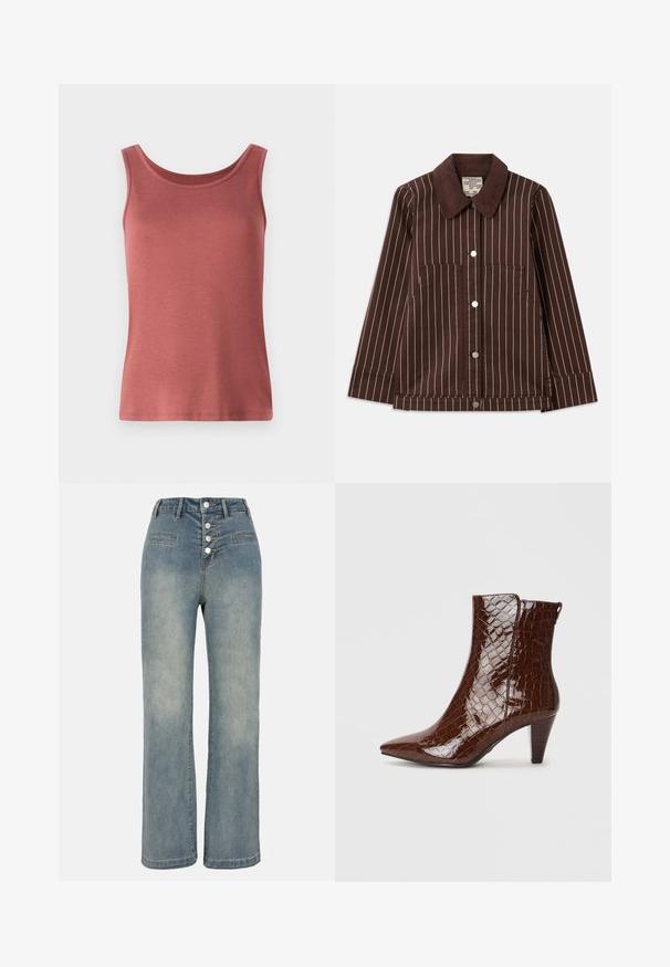 Brown corduroy jacket with white vertical stripes, pointed collar, front buttons, and two patch pockets.; Red cotton tank top with a scoop neck and wide straps, featuring a smooth texture and a fitted silhouette. No patterns or embellishments.; Light blue denim wide-leg jeans with a high waist, five-button closure, and two front pockets. Smooth texture with subtle fading.; Brown faux crocodile leather ankle boot with a pointed toe and a tapered heel. Features a glossy texture and side zipper detail.