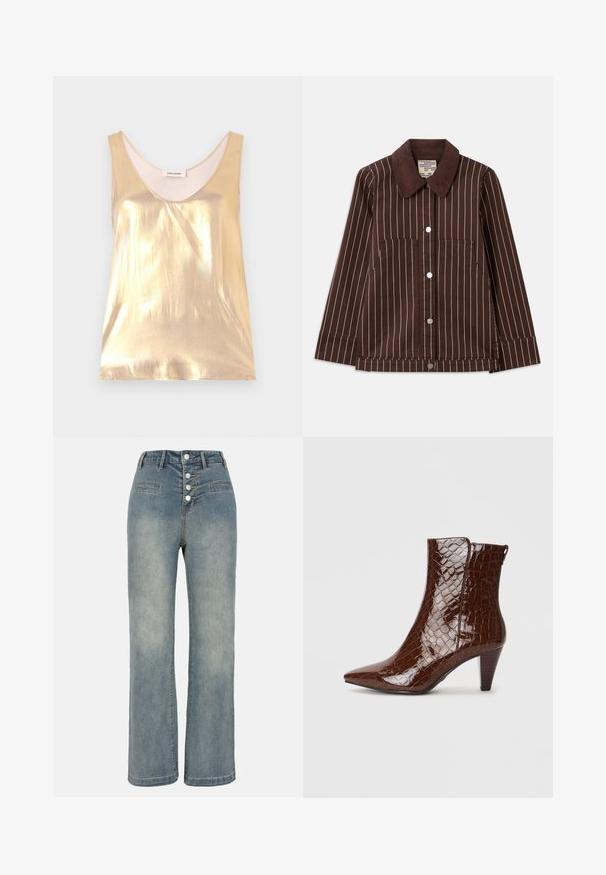 Brown corduroy jacket with white vertical stripes, pointed collar, front buttons, and two patch pockets.; Metallic gold sleeveless top with a deep scoop neckline. Smooth texture, fitted design, and a soft inner lining.; Light blue denim wide-leg jeans with a high waist, five-button closure, and two front pockets. Smooth texture with subtle fading.; Brown faux crocodile leather ankle boot with a pointed toe and a tapered heel. Features a glossy texture and side zipper detail.