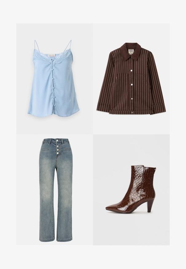 Hnedá kordurová bunda s bielymi vertikálnymi pruhmi, špicatým golierom, prednými gombíkmi a dvoma náprsníkovými vreckami.; Svetlomodrá saténová podprsenka s tenkými ramienkami, čipkovým lemovaním okolo výstrihu a piatimi dekoratívnymi gombíkmi na prednej strane.; Svetlomodré džínsové nohavice so širokými nohavicami, vysokým pásom, zapínaním na päť gombíkov a dvoma prednými vreckami. Hladká textúra s jemným vyblednutím.; Hnedé umelé krokodílie kožené členkové topánky s špicatou špičkou a zužujúcim sa opätkom. Majú lesklý povrch a detail so zipsom na strane.