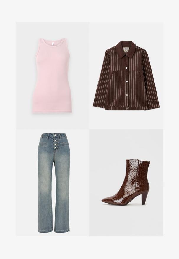 Giacca di velluto a coste marrone con strisce verticali bianche, colletto a punta, bottoni frontali e due tasche applicate.; Top senza maniche rosa chiaro realizzato in un tessuto morbido e elasticizzato. Presenta un scollatura rotonda e spalline sottili, con una texture liscia e una forma aderente.; Jeans a gamba larga in denim blu chiaro con vita alta, chiusura a cinque bottoni e due tasche frontali. Tessuto liscio con una leggera scoloritura.; Stivaletto in pelle sintetica di coccodrillo marrone con punta affusolata e tacco stretto. Presenta una superficie lucida e un dettaglio con cerniera laterale.