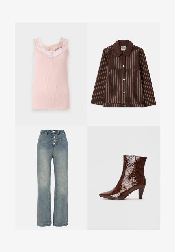 Brown corduroy jacket with white vertical stripes, pointed collar, front buttons, and two patch pockets.; Pink ribbed tank top with lace trim around the neckline and armholes. Features a V-neck and scalloped edges at the hem.; Light blue denim wide-leg jeans with a high waist, five-button closure, and two front pockets. Smooth texture with subtle fading.; Brown faux crocodile leather ankle boot with a pointed toe and a tapered heel. Features a glossy texture and side zipper detail.