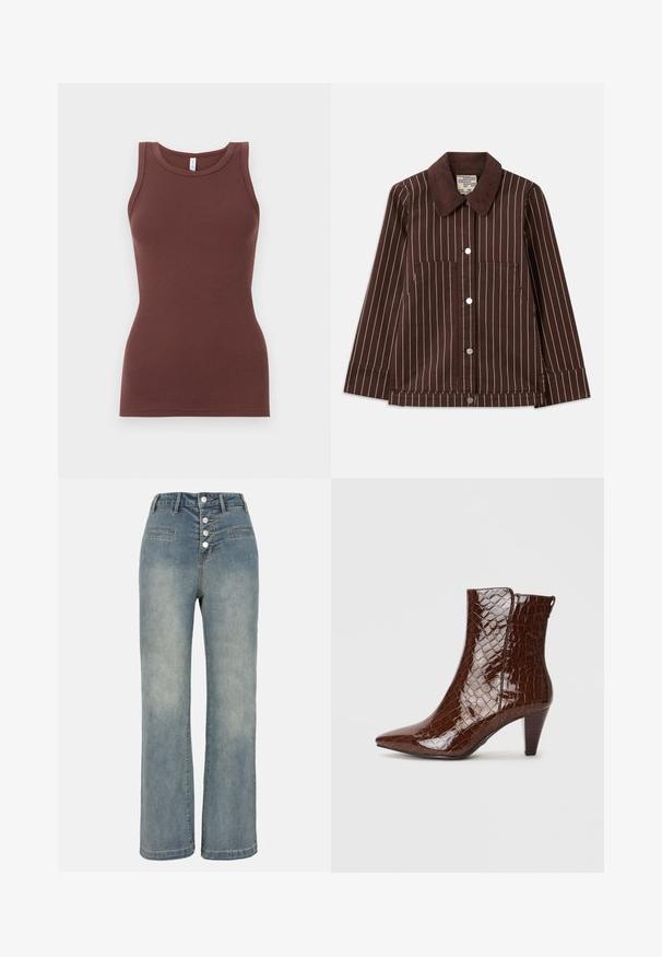 Casaco de corduroy castanho com riscas verticais brancas, colarinho pontiagudo, botões frontais e dois bolsos de chapa.; Camisola castanha, canelada, com decote redondo e design sem mangas. Feita de tecido suave, com forma ajustada, sem adornos ou padrões.; Jeans de ganga de perna larga em azul claro com uma cintura alta, fecho de cinco botões e dois bolsos frontais. Textura suave com desvanecimento subtil.; Botim castanho de pele de crocodilo sintética, com bico fino e salto afunilado. Apresenta uma textura brilhante e detalhe de fecho lateral.