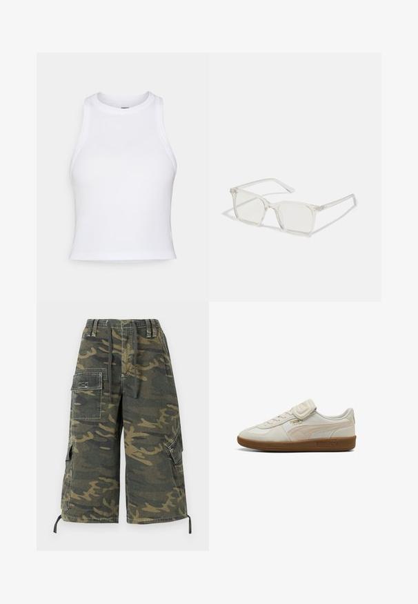 Giacca di denim azzurro chiaro con un design corto, colletto classico, tasche frontali e chiusure a bottone. Presenta cuciture in evidenza e una vestibilità rilassata.; Crop top bianco senza maniche realizzato in morbido cotone. Presenta uncollo rotondo e una vestibilità aderente, senza motivi o dettagli visibili.; BDG Urban Outfitters DETROIT CUT OFF - Shorts - khaki; Sneaker bianco in pelle con accenti texturizzati, suola in gomma e dettaglio del logo dorato. Caratterizzato da lacci e una fascia in velcro per la chiusura.; Occhiali da sole quadrati in plastica trasparente con lenti traslucide, caratterizzati da dettagli in oro sulle tempie.; Borsa a tracolla in pelle marrone con una texture morbida, caratterizzata da un design ampio e una sola tracolla. Indossata con un giubbino di jeans blu.