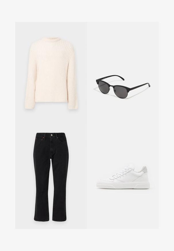 Juodas odinis švarkas su stovinčiu apykakle, priekiniais užtrauktukais ir horizontaliu siuvimu ant pečių. Yra užtrauktuku užsegama krūtinės kišenė.; Storos bordo megztinis su apvalia iškirpte, ilgomis rankovėmis ir raštuotu paviršiumi. Paprastas dizainas ir minkšta medžiaga.; Juodi džinsai išdenimo, tiesaus kirpimo, su penkiomis kišenėmis ir metalinėmis detalėmis su vario akcentais. Glotni tekstūra ir vidutinė liemens linija.; Balti odiniai sportbačiai su lygiu paviršiumi, apvaliu pirštu, plokščiomis raištelėmis ir struktūrizuota padu. Pilko zimšo akcentas ant kulno.; Juodos saulės akinių su apvaliais lęšiais, matinio paviršiaus ir išskirtinės katės akies formos. Šlauni rankenos su subtilia ženklinimo detale kairėje šventykloje.