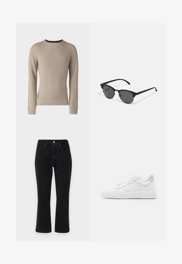 Black leather jacket with a stand collar, front zipper, and horizontal stitch detailing on shoulders. Features a zippered chest pocket.; Jack & Jones JJPANNEL - Jumper - crockery; Black denim jeans featuring a straight leg design, five-pocket style, and metal hardware with copper accents. Smooth texture and medium rise.; White leather sneakers with a smooth finish, rounded toe, flat laces, and a textured sole. Grey suede accent at the heel.; Black sunglasses with round lenses, matte finish, and distinctive cat-eye shape. Slim arms with subtle branding on the left temple.