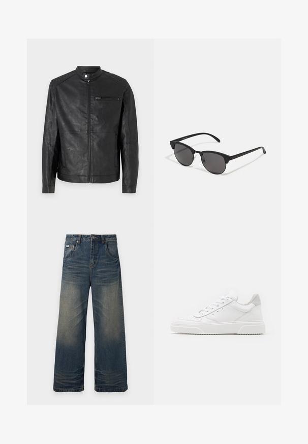 Musta nahkatakki, jossa on pystykaulus, etuvetoketju ja va horizontal-ompeleet olkapäillä. Varustettu vetoketjullisella rintataskulla.; Valkoinen puuvillapaita lyhyillä hihoilla, pyöreällä kaula-aukolta ja rentoa istuvuutta. Sujuva pinta ilman näkyviä kuvioita tai korostuksia.; The Ragged Priest MAVERICK WIDE - Baggy-farkut - dark blue dirty; Valkoiset nahkakengät, joissa on sileä pinta, pyöreä kärki, litteät nauhat ja teksturoitu pohja. Harmaa mokkanahka korostaa kantapäätä.; Mustat aurinkolasit pyöreillä linsseillä, matalla pinnalla ja erottuvalla kissamaisella muodolla. Kapeat taitteet, joissa on huomaamaton brändäys vasemmassa temppeleissä.