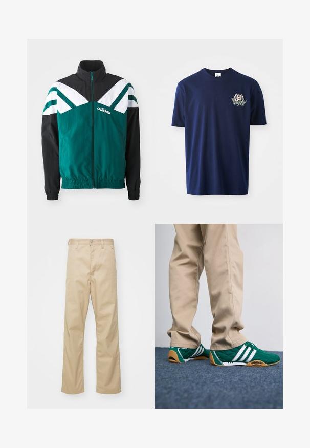 Chaqueta de cremallera en color verde azulado y negro con acentos en blanco, que presenta un cuello alto, puños elásticos y un logo en el lado izquierdo.; Camiseta de algodón azul marino de manga corta, con cuello redondo y logo bordado con acentos de laurel en el lado izquierdo del pecho.; Pantalones de algodón beige con un diseño de pata recta, que cuentan con un cierre frontal de botón, pasadores para cinturón y dos bolsillos laterales. Textura suave.; Zapatillas de deporte verdes acolchadas con rayas blancas y suelas de goma marrón, combinadas con pantalones beige. El diseño presenta un perfil bajo y material texturizado.