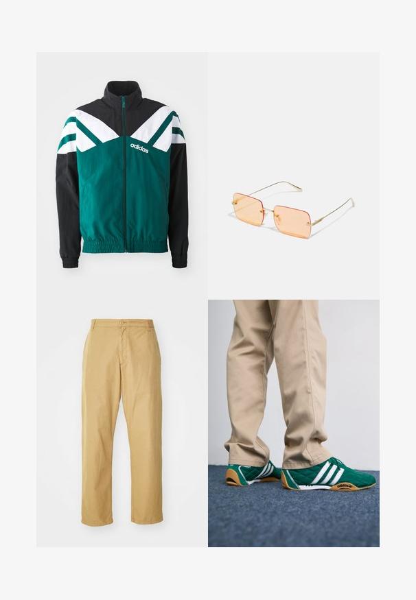 Tealowa i czarna kurtka z zamkiem błyskawicznym, z białymi akcentami, posiadająca stójkę, elastyczne mankiety oraz logo po lewej stronie.; Granatowa bawełniana koszulka z krótkim rękawem, okrągłym dekoltem i haftowanym logo z akcentami laurowymi po lewej stronie klatki piersiowej.; Khaki chino z lekkiego materiału, z prostą nogawką, z zapięciem na guzik z przodu i bocznymi kieszeniami.; Zielone pikowane sneakersy z białymi paskami i brązowymi gumowymi podeszwami, w połączeniu z beżowymi spodniami. Projekt charakteryzuje się niskim profilem i teksturowanym materiałem.; Złote metalowe okulary przeciwsłoneczne z prostokątnymi pomarańczowymi soczewkami. Wyróżniające się cienkimi zausznikami i subtelnymi teksturowanymi akcentami w pobliżu zawiasów.