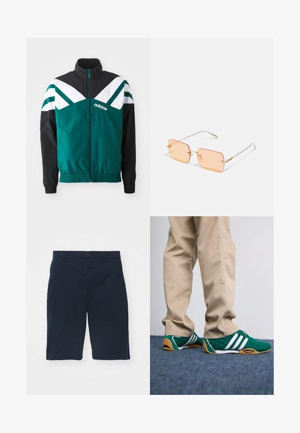Tealowa i czarna kurtka z zamkiem błyskawicznym, z białymi akcentami, posiadająca stójkę, elastyczne mankiety oraz logo po lewej stronie.; Granatowa bawełniana koszulka z krótkim rękawem, okrągłym dekoltem i haftowanym logo z akcentami laurowymi po lewej stronie klatki piersiowej.; Granatowe szorty wykonane z bawełny, z płaskim przodem, zapięciem na guziki i bocznymi kieszeniami. Długość do kolan, o gładkiej fakturze i czystych szwach.; Zielone pikowane sneakersy z białymi paskami i brązowymi gumowymi podeszwami, w połączeniu z beżowymi spodniami. Projekt charakteryzuje się niskim profilem i teksturowanym materiałem.; Złote metalowe okulary przeciwsłoneczne z prostokątnymi pomarańczowymi soczewkami. Wyróżniające się cienkimi zausznikami i subtelnymi teksturowanymi akcentami w pobliżu zawiasów.