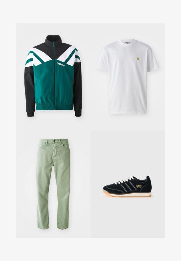 Tirkīza un melna zip-up jaka ar baltām akcentiem, ar augstu apkakli, elastīgām aprocēm un logo kreisajā pusē.; Balta kokvilnas t-kreklu ar īsām piedurknēm, apaļu kakla izgriezumu, ar mazu zelta logotipu kreisajā krūšu pusē. Mīksta tekstūra un regulāra piegriezuma.; Zaļi džinsi ar taisnu piegriezumu, piecām kabatām un priekšējo pogu aizdari. Iespējota viegla tekstūra un tīrs apdares izskats.; Melnas zamša kedas ar baltām auklām, trīs baltas svītras sānos, teksturēti akcenti un gumijas zole ar viegli apelsīnu tonējumu.