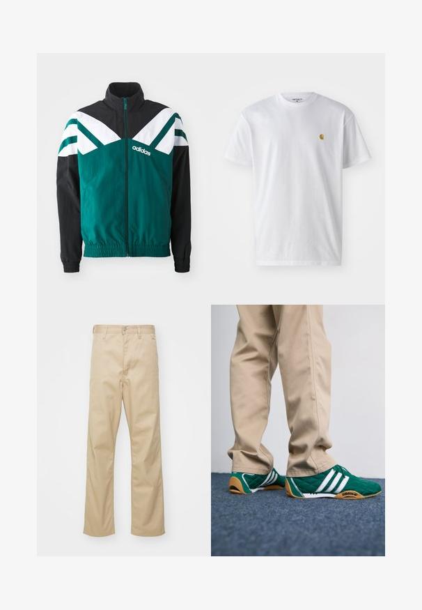 Veste zippée teal et noire avec des accents blancs, dotée d'un col montant, de poignets élastiques et d'un logo sur le côté gauche.; T-shirt en coton blanc à manches courtes, col rond, avec un petit logo doré sur la poitrine gauche. Texture douce et coupe régulière.; Pantalon en coton beige à jambe droite, avec une fermeture à bouton à l'avant, des passants de ceinture et deux poches latérales. Texture lisse.; Baskets vertes matelassées avec des rayures blanches et des semelles en caoutchouc marron, associées à un pantalon beige. Le design présente un profil bas et un matériau texturé.