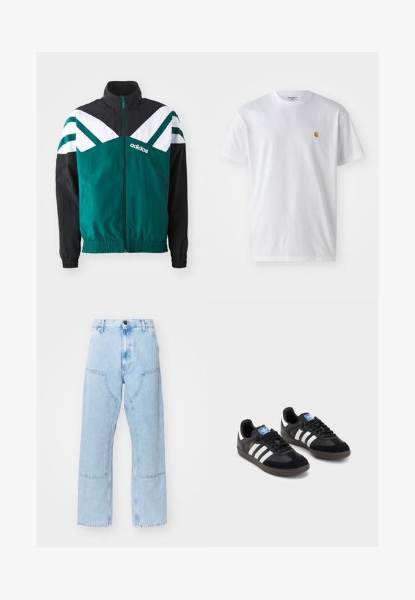 Türkiis ja must tõmblukuga jakk valgete aktsentidega, millel on püsti kaelus, elastsed mansetid ja logo vasakul küljel.; Valge puuvillane t-särk lühikeste varrukatega, ümmargune kaelus, millel on väike kuldne logo vasakul rinnal. Pehme tekstuur ja regulaarne lõike.; Heledad sinine, sirge säärega denimhansed suurte esikottidega ja kontrastsete õmblustega. Kanga tekstuur on tuhm ja pehme.; Mustad tossud, mille pealseks on seemisnahk ja sünteetilised materjalid, kolme valge triibuga, tekstureeritud kummitald ja sinine logo silt keele peal.