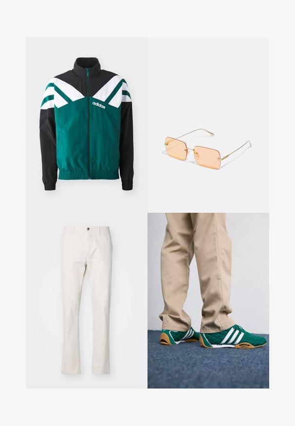 Chaqueta de cremallera en color verde azulado y negro con acentos en blanco, que presenta un cuello alto, puños elásticos y un logo en el lado izquierdo.; Camiseta de algodón blanca con mangas cortas, cuello redondo, que presenta un pequeño logo dorado en la parte izquierda del pecho. Textura suave y corte regular.; Pantalones de algodón mezcla color beige con corte recto, que cuentan con un cierre de botón frontal, pasadores para cinturón y un diseño minimalista. Textura suave.; Zapatillas de deporte verdes acolchadas con rayas blancas y suelas de goma marrón, combinadas con pantalones beige. El diseño presenta un perfil bajo y material texturizado.; Gafas de sol con montura de metal dorado y lentes rectangulares de color naranja. Brazos delgados distintivos y sutiles acentos texturizados cerca de las bisagras.