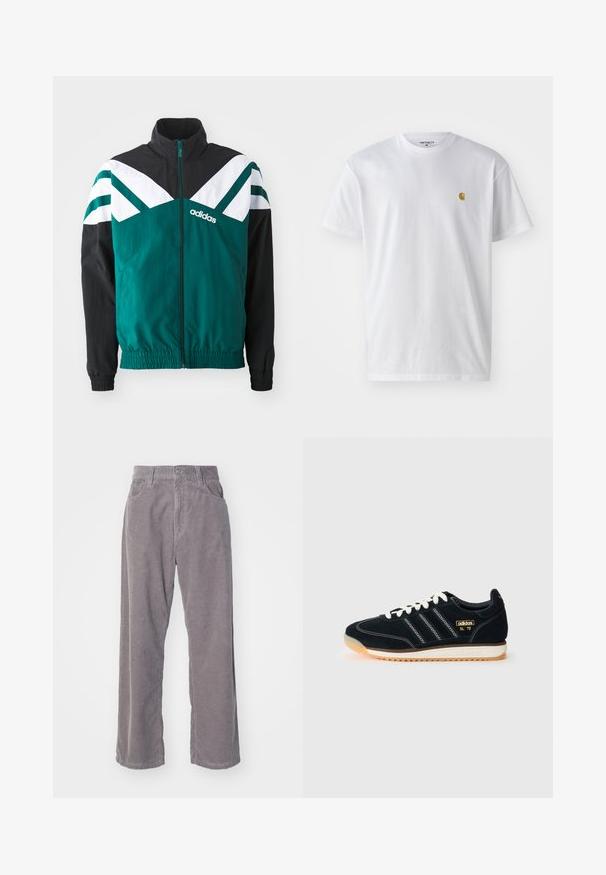 Veste zippée teal et noire avec des accents blancs, dotée d'un col montant, de poignets élastiques et d'un logo sur le côté gauche.; T-shirt en coton blanc à manches courtes, col rond, avec un petit logo doré sur la poitrine gauche. Texture douce et coupe régulière.; Pantalons en velours côtelé gris avec une coupe large, présentant des côtes verticales, une fermeture à boutons et deux poches avant.; Baskets en daim noir avec des lacets blancs, trois rayures blanches sur le côté, des accents texturés et une semelle en caoutchouc légèrement teintée d'orange.