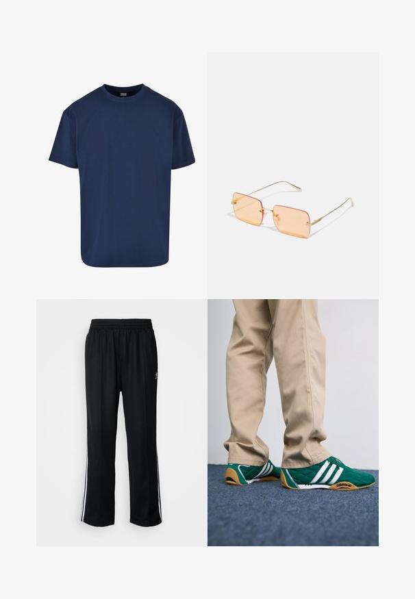 Zelena i crna zip-up jakna s bijelim detaljima, s visokom ovratnikom, elastičnim manžetama i logotipom sa lijeve strane.; Tamno plava pamučna majica s okruglim izrezom i kratkim rukavima. Glatka tekstura i opušten kroj, prikladna za ležerno nošenje.; Crne sportske hlače s elastičnom trakom oko struka, s bijelim bočnim prugama i malim logotipom. Materijal izgleda mekan i lagan.; Zelene kvadrate tenisice s bijelim prugama i smešim gumenim potplatima, uparene s bež hlačama. Dizajn se odlikuje niskim profilom i teksturiranim materijalom.; Naočale s okvirom od zlatnog metala s pravokornim lećama narančaste nijanse. Odlikuju se tankim krakovima i suptilnim teksturiranim detaljima u blizini šarki.