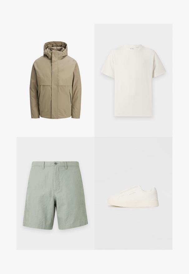 Beige waterproof jacket with a hood, featuring a front zipper, large flap pockets, and a minimalist design. Smooth texture and modern cut.; White short-sleeve T-shirt in a ribbed texture. Round neckline, relaxed fit, no visible patterns or accents. Simple and versatile design.; Light green linen shorts with a flat front, single button closure, and side pockets. Flat hem with minimal stitching details.; White slip-on sneakers with a textured surface, a thick sole, and minimalistic design. Features brand logo on the side.