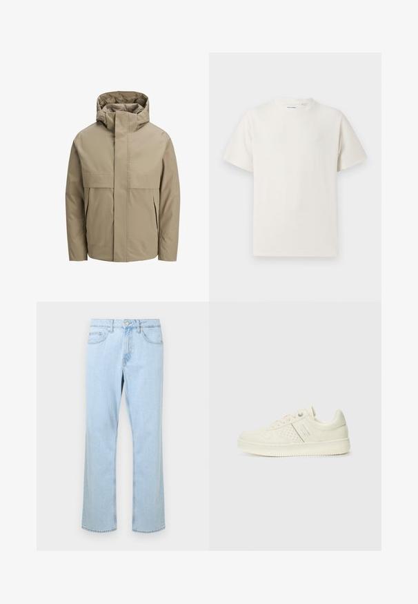 Beige waterproof jacket with a hood, featuring a front zipper, large flap pockets, and a minimalist design. Smooth texture and modern cut.; White short-sleeve T-shirt in a ribbed texture. Round neckline, relaxed fit, no visible patterns or accents. Simple and versatile design.; Light blue denim jeans with a straight leg cut, featuring front pockets, a single silver button, and stitching details along the seams.; Cream-colored sneaker with perforated detailing, laces, and logo on the side, displayed against a plain white background.