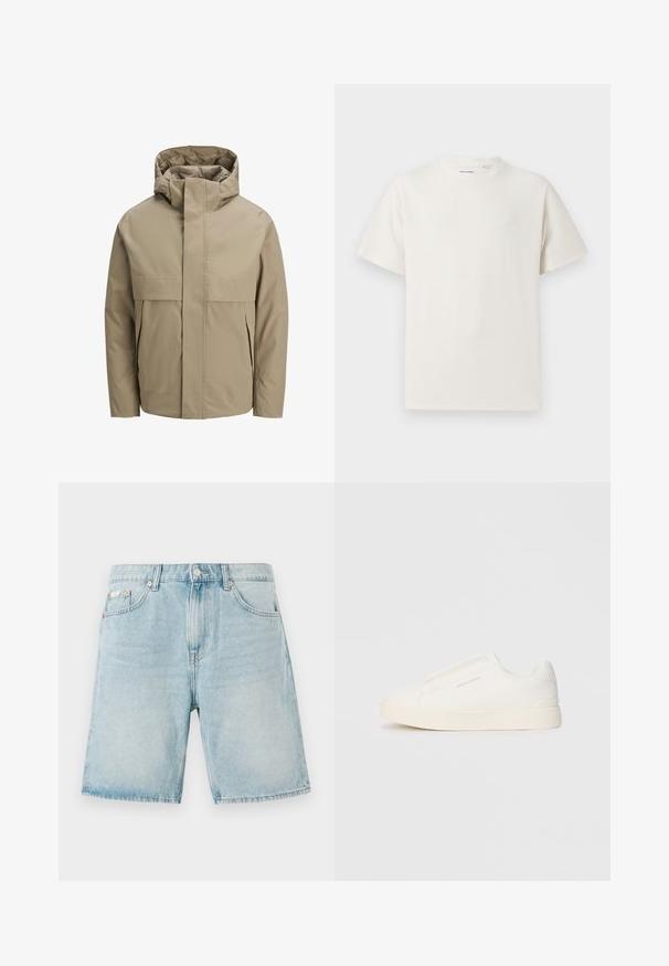 Beige wasserdichte Jacke mit Kapuze, ausgestattet mit einem Reißverschluss vorne, großen Klappentaschen und einem minimalistischen Design. Glatte Textur und moderner Schnitt.; Weißes T-Shirt mit kurzen Ärmeln in gerippter Textur. Runder Ausschnitt, lockere Passform, keine sichtbaren Muster oder Akzente. Einfaches und vielseitiges Design.; Hellblaue Denim-Shorts mit lockerer Passform, ausgestattet mit vorderen Taschen, einem Knopfverschluss und minimaler Ausbleichung.; Weiße Slip-On-Sneaker mit einer strukturierten Oberfläche, dicker Sohle und minimalistischem Design. Mit Logo der Marke an der Seite.