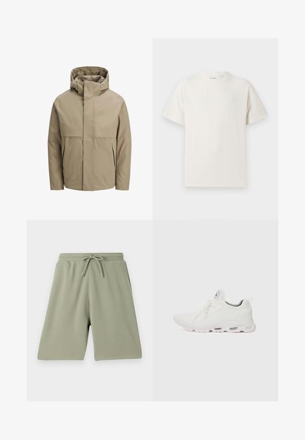 Bézs színű vízálló dzseki kapucnival, elöl cipzárral, nagy fedeles zsebekkel és minimalista dizájnnal. Sima textúra és modern szabás.; Fehér, rövid ujjú póló bordázott textúrával. Kerek nyakkivágás, laza szabás, nincs látható minta vagy díszítés. Egyszerű és sokoldalú dizájn.; Világoszöld rövidnadrág, textúrált anyagból, rugalmas derékkal és zsinórral. Egyenes szabású, térdhosszig érő kivitel.; Fehér sportcipők, texturált kötött felsőrésszel, lapos fűzőkkel és párnázott talppal, amely látható légkamrákkal rendelkezik a megerősített kényelem érdekében.