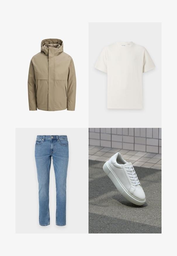 Beige vanntett jakke med hette, utstyrt med glidelås foran, store lommer med klaffer og et minimalistisk design. Jevn tekstur og moderne snitt.; Hvit T-skjorte med kort erm i ribbestrikket tekstur. Rund hals, avslappet passform, ingen synlige mønstre eller detaljer. Enkelt og allsidig design.; Blå rette denimjeans med frontlommer, beltehemper og knappelukking.; Hvit lær sneaker med glatt overflate, rund tå og flate hvite snøringer. Har en teksturert gummisåle og minimale design elementer.