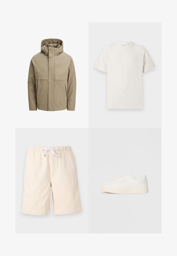 Beige waterproof jacket with a hood, featuring a front zipper, large flap pockets, and a minimalist design. Smooth texture and modern cut.; White short-sleeve T-shirt in a ribbed texture. Round neckline, relaxed fit, no visible patterns or accents. Simple and versatile design.; Beige cotton shorts with a relaxed fit, elastic waistband, and white drawstring. Features side pockets and a smooth texture.; White slip-on sneakers with a textured surface, a thick sole, and minimalistic design. Features brand logo on the side.
