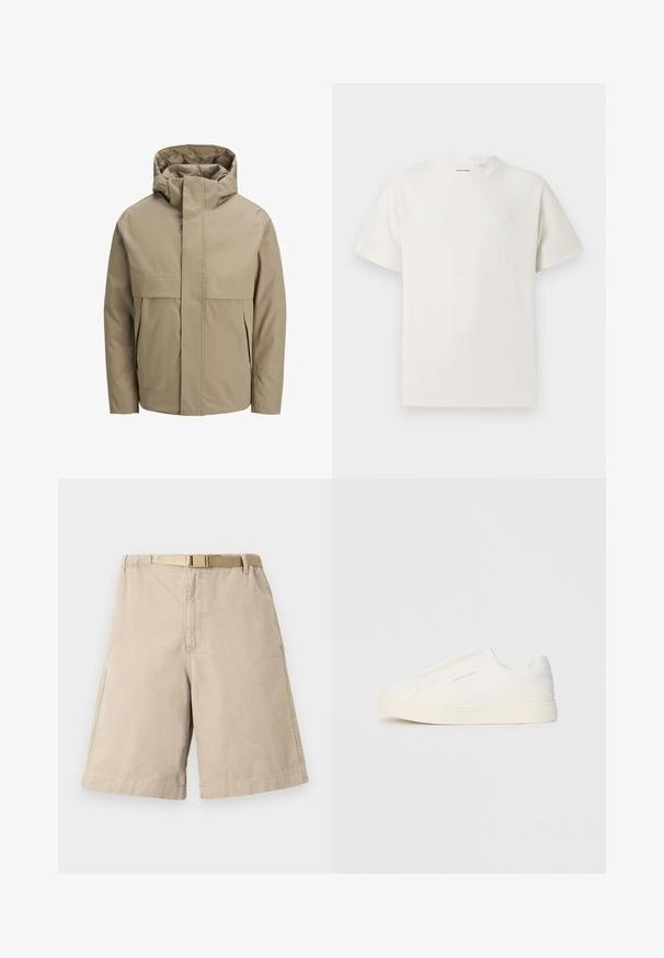 Beige waterproof jacket with a hood, featuring a front zipper, large flap pockets, and a minimalist design. Smooth texture and modern cut.; White short-sleeve T-shirt in a ribbed texture. Round neckline, relaxed fit, no visible patterns or accents. Simple and versatile design.; Beige cotton shorts with a belt, featuring a straight cut, side pockets, and reinforced stitching at the seams. Smooth texture throughout.; White slip-on sneakers with a textured surface, a thick sole, and minimalistic design. Features brand logo on the side.