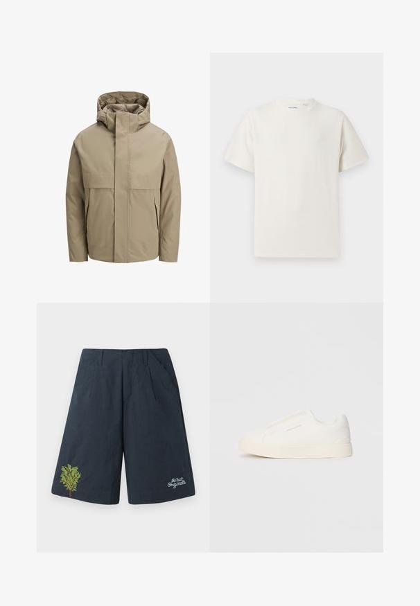 Beež veekindel kapuutsiga jakk, millel on ees tõmblukk, suured klapitaskud ja minimalistlik disain. Sile tekstuur ja modernne lõige.; Valge lühikeste varrukatega T-särk ribakudumises. Ümar kaelus, mugav lõige, nähtavad mustrid ega aksessuaarid puuduvad. Lihtne ja mitmekesine disain.; Tumedate sinised lühikesed püksid, mis on valmistatud kergest kangast, esitlevad rohelist tikandit kujutavat puu disaini ja valget skripti logo paremas allnurgas.; Valged libisemiskindlad tossud tekstuuriga pinnaga, paksu tallaga ja minimalistikus disainis. Küljel on brändi logo.