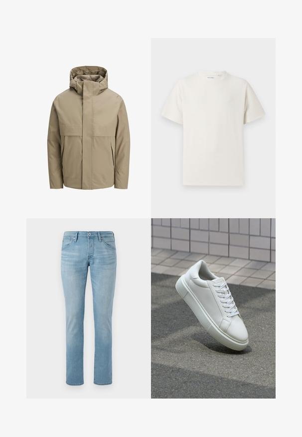 Beige vedenpitävä takki hupulla, jossa on etuvetoketju, suuret läppätaskut ja minimalistinen muotoilu. Sileä pinta ja moderni leikkaus.; Valkoinen lyhythihainen T-paita ribbikuviossa. Pyöreä kaula-aukko, rento istuvuus, ei näkyviä kuvioita tai yksityiskohtia. Yksinkertainen ja monikäyttöinen muotoilu.; Vaaleansinisiä suorat lahkeet farkkuja, jotka on valmistettu denimmateriaalista. Ominaisuuksiin kuuluu viisi taskua, nappi- ja vetoketjukiinnitys sekä hienovarainen kuluminen ympäriinsä.; Valkoinen nahkainen lenkkari, jossa on sileä pinta, pyöreä kärki ja tasaiset valkoiset nauhat. Varustettu teksturoidulla kumi-pohjalla ja vähäisillä muotoiluelementeillä.