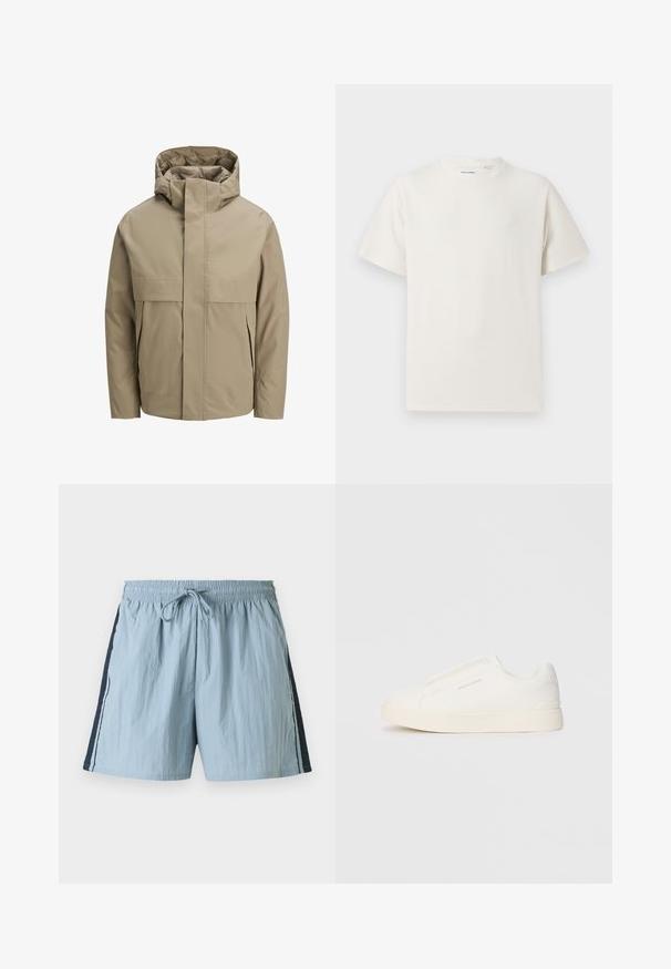 Beige waterdichte jas met capuchon, voorzien van een ritssluiting aan de voorkant, grote klepzakken en een minimalistisch ontwerp. Soepele textuur en moderne snit.; Witte korte mouwen T-shirt met ribbelstructuur. Ronde hals, ontspannen pasvorm, geen zichtbare patronen of accenten. Eenvoudig en veelzijdig ontwerp.; Lichtblauwe zwembroek met een elastische tailleband en trekkoord. Heeft marineblauwe zijpanelen en witte bies langs de zijkanten. Lichtgewicht stof.; Witte instap sneakers met een gestructureerd oppervlak, een dikke zool en een minimalistisch ontwerp. Bevat het merklogo aan de zijkant.