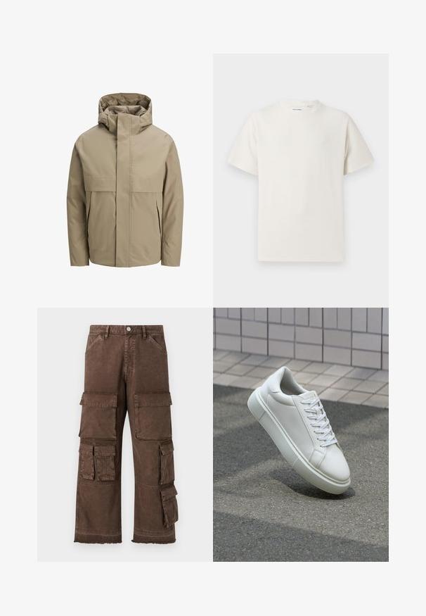 Beige waterproof jacket with a hood, featuring a front zipper, large flap pockets, and a minimalist design. Smooth texture and modern cut.; White short-sleeve T-shirt in a ribbed texture. Round neckline, relaxed fit, no visible patterns or accents. Simple and versatile design.; Brown cargo pants with a loose fit, multiple side pockets, and frayed hem design. Made from sturdy, textured fabric for durability.; White leather sneaker with a smooth surface, round toe, and flat white laces. Features a textured rubber sole and minimal design elements.